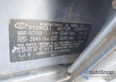 2003 Hyundai Santa Fe Gls/Lx z USA, uszkodzony, nr VIN KM8SC73D63U487446